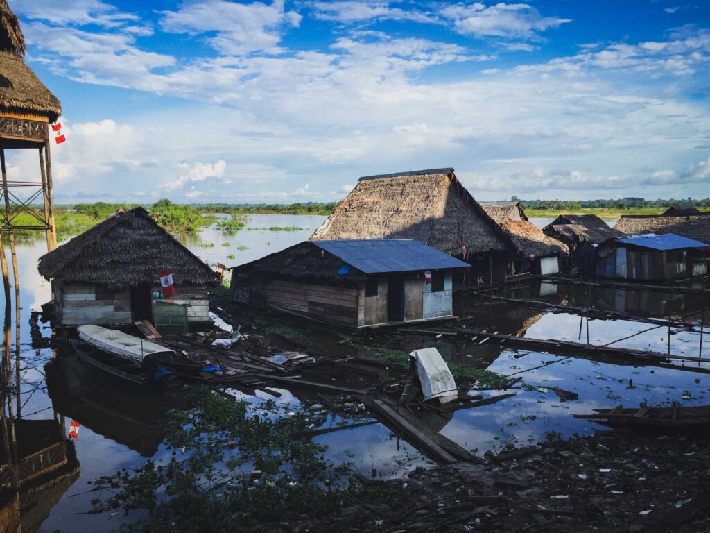 Floating homes on the Amazon river, just outside the Belen Market. Iquitos, Peru