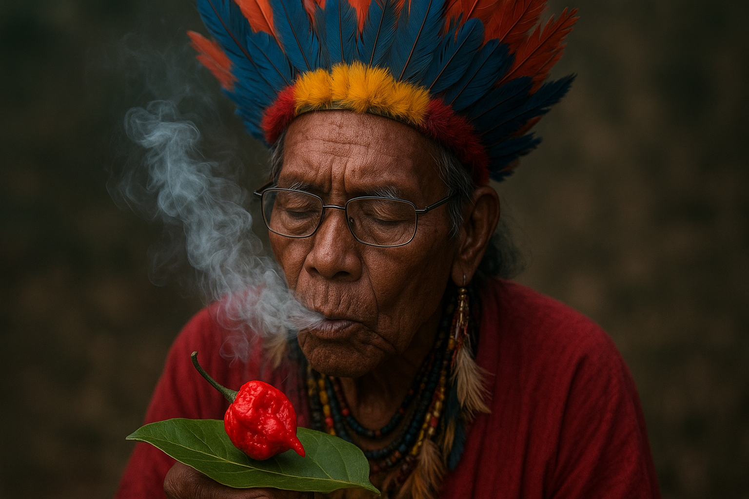 Santa Rosa First Peoples Elder performs a Smoke Ceremony in Arima, Trinidad, exhaling sacred smoke over a Trinidad Scorpion pepper resting on a leaf, symbolizing the ancestral ají that gave rise to the world’s superhot chilis.